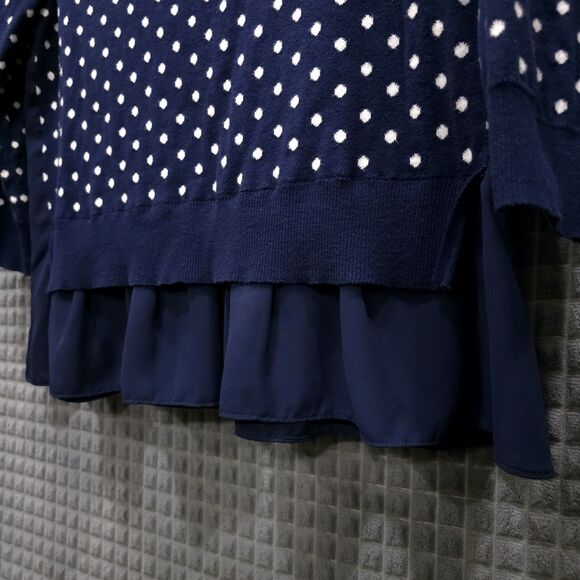 Navy Polka Dot Ruffle Sweater SzM 3/4 Sleeve Preppy Coastal Cottage Soft Stretch - Picture 5 of 13
